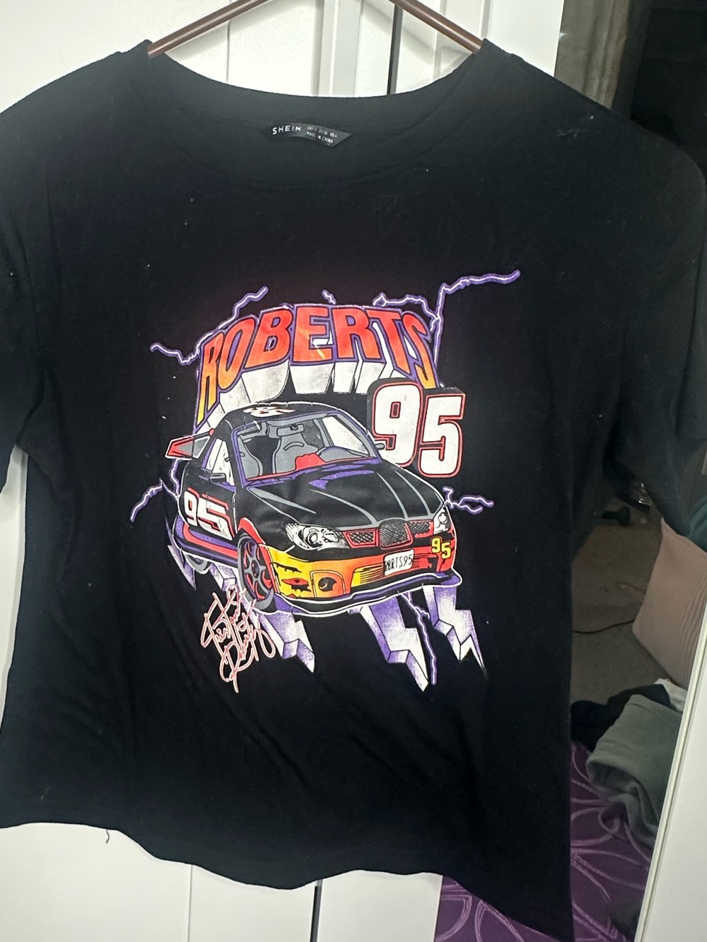 SHEIN Black Graphic Racing Car Tee with Purple & Yellow Accents